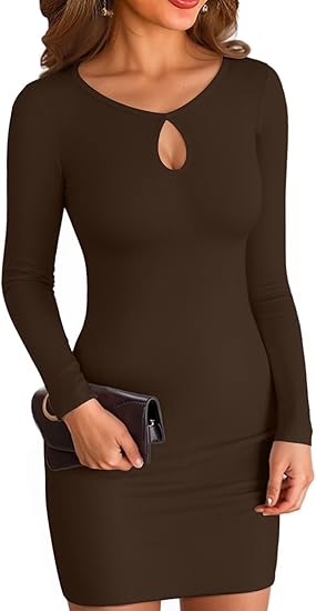 Women's Square Neck Ribbed Fitted Long Sleeve Mid-Thigh Pencil Over-the-Knee Dress