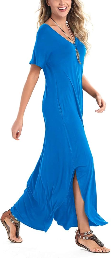 V-neck Casual Loose Long Slit Dress